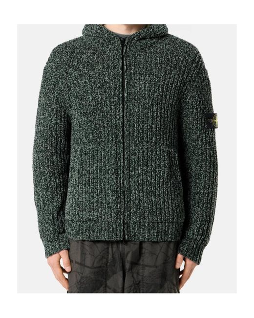 Stone Island Green Loose-Fitting Hooded Zip-Up Knit Sweater With Pockets for men