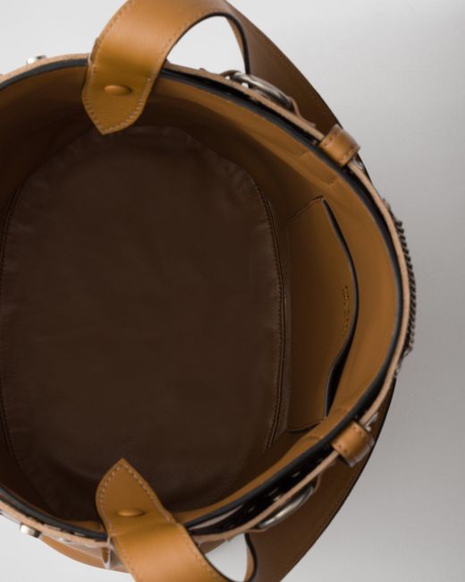 Prada Brown Buckle Leather Bucket Bag With Studded Belt
