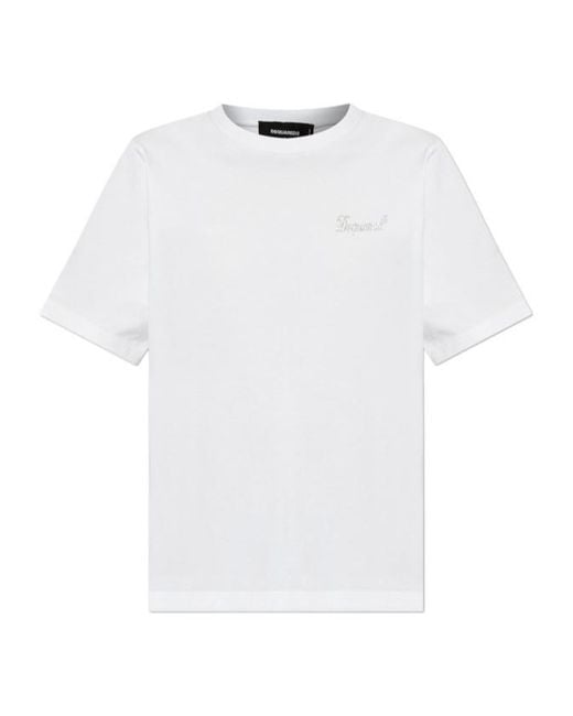 DSquared² White Logo Rhinestone Embellished Crewneck T-Shirt