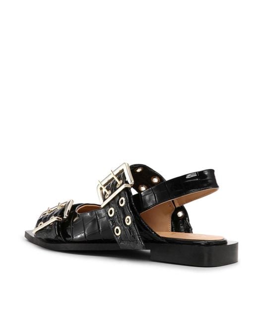 Ganni Black Embossed Patent Feminine Buckle Ballerinas