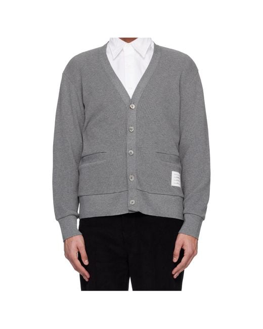 Thom Browne Gray V-Neck-Bar Intarsia Cardigan for men