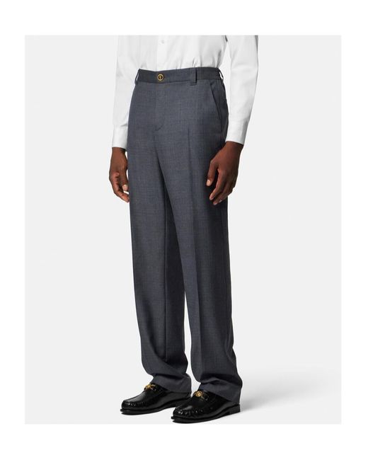Versace Blue Micro-Checked Wool Trousers for men