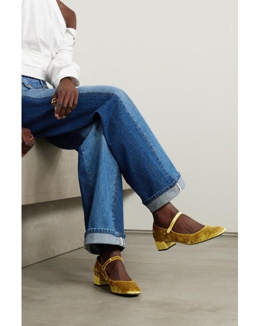 By Far Yellow Velvet Mary Jane Block Heel Shoes