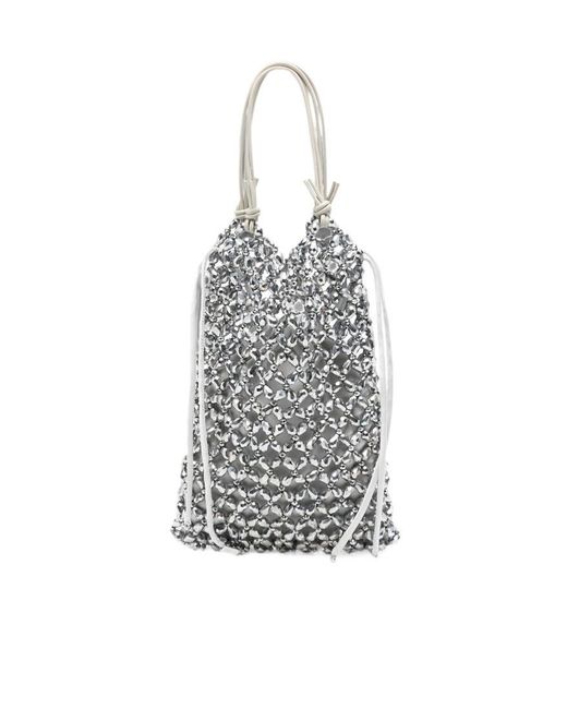 Staud White Karla Beaded-Mesh Drawstring Tote Bag