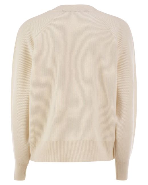 Brunello Cucinelli Natural Ribbed Cashmere V-Neck Cardigan