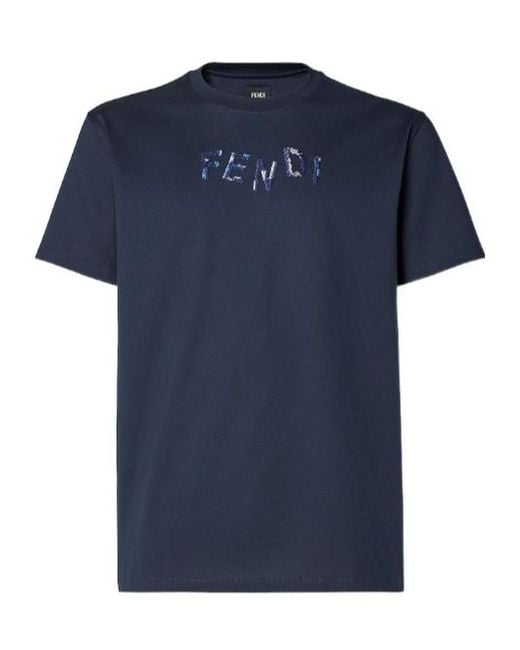 Fendi Blue Logo Embroidered Crewneck T-Shirt for men