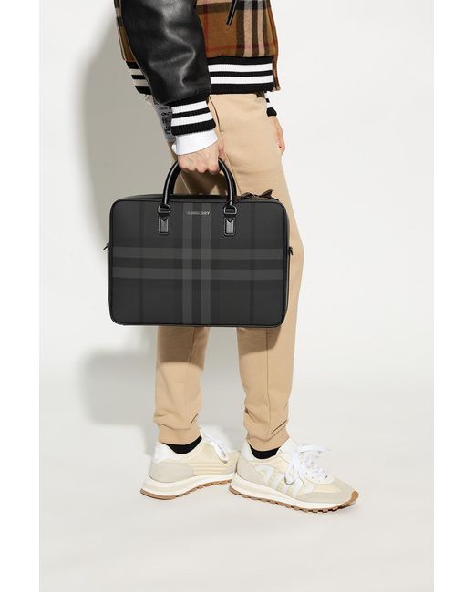 Burberry Black Check Pattern Logo Plaque Briefcase for men