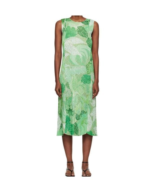 Pleats Please Issey Miyake Green Pleated Sleeveless Dress