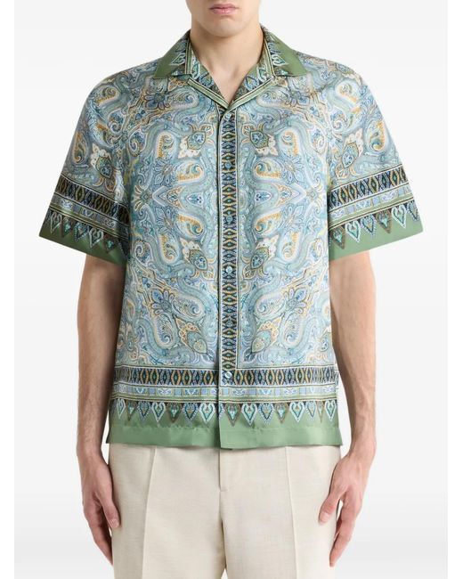 Etro Green Paisley Short-Sleeved Shirt for men