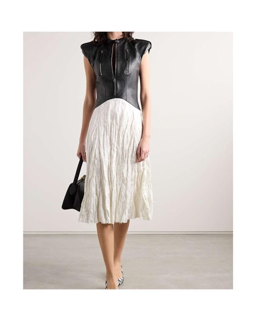 Gabriela Hearst White Athena Paneled Leather And Crinkled Silk-Blend Twill Midi Dress