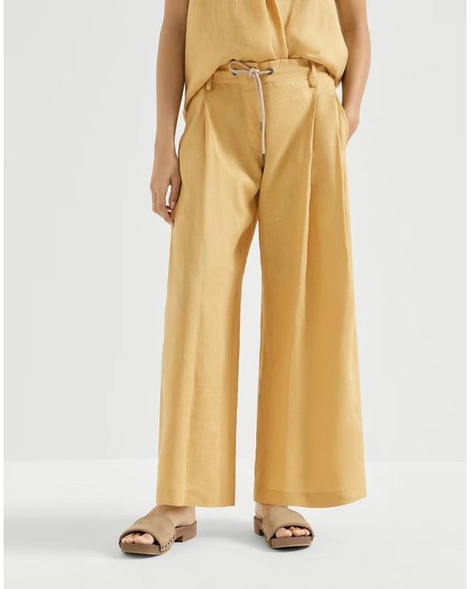 Brunello Cucinelli Natural Linen Trousers With Drawstring And Monili