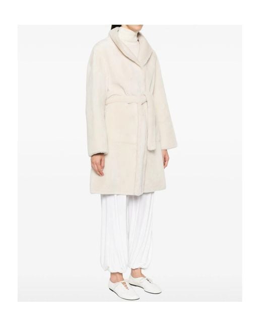 Yves Salomon White Belted Shearling Coat