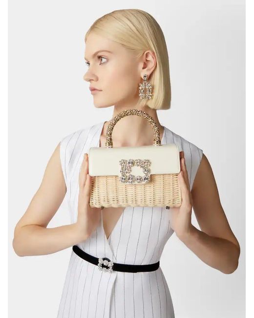 Roger Vivier White Wicker Jewel Mini Flower Strass Buckle Clutch Bag