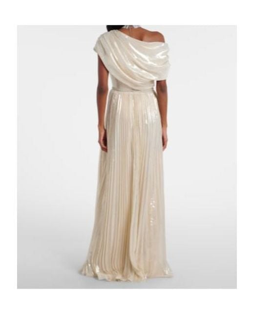 Self-Portrait White Asymmetric Draped Silk-Blend Chiffon Maxi Dress