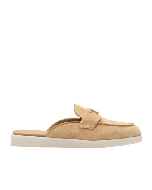 Prada White Triangle-Logo Round-Toe Slippers
