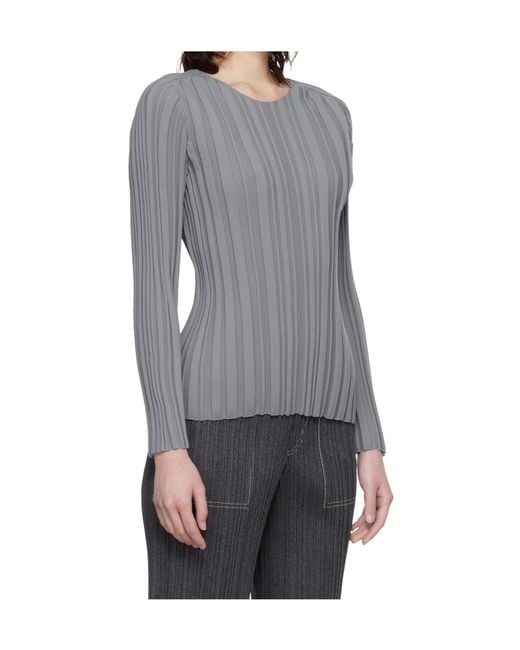 Pleats Please Issey Miyake Gray Ribbed Knit Crew Neck Top