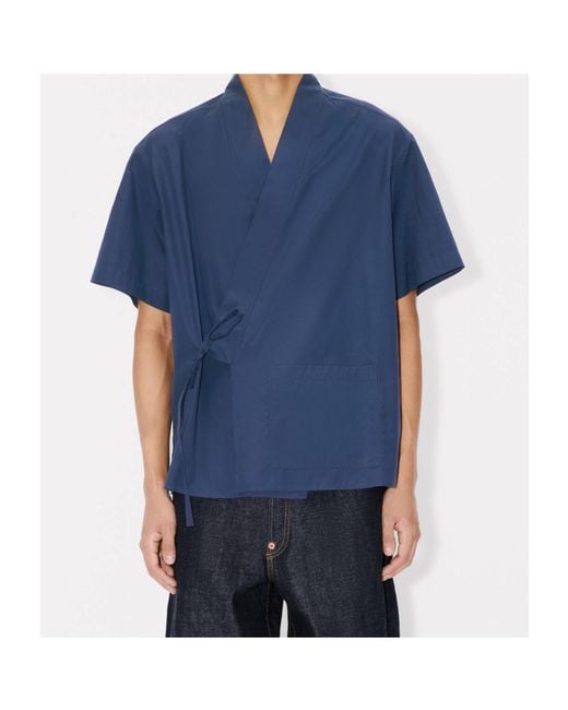 KENZO Blue Kimono Short Sleeve Shirt for men