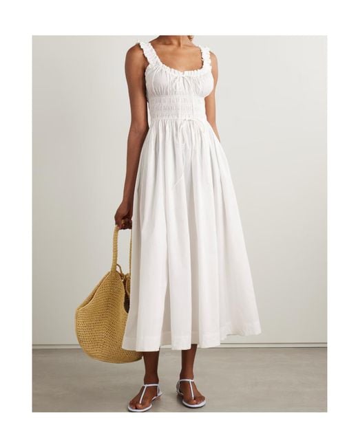 Doen White Emmaretta Tie-Detailed Shirred Cotton-Voile Midi Dress