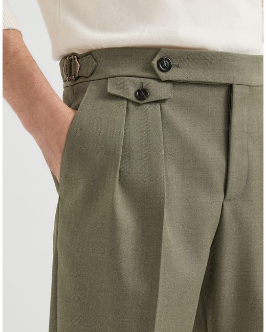 Brunello Cucinelli Green Virgin-Wool Diagonal Trousers With Reversed Double-Pleats And Waist-Tabs for men