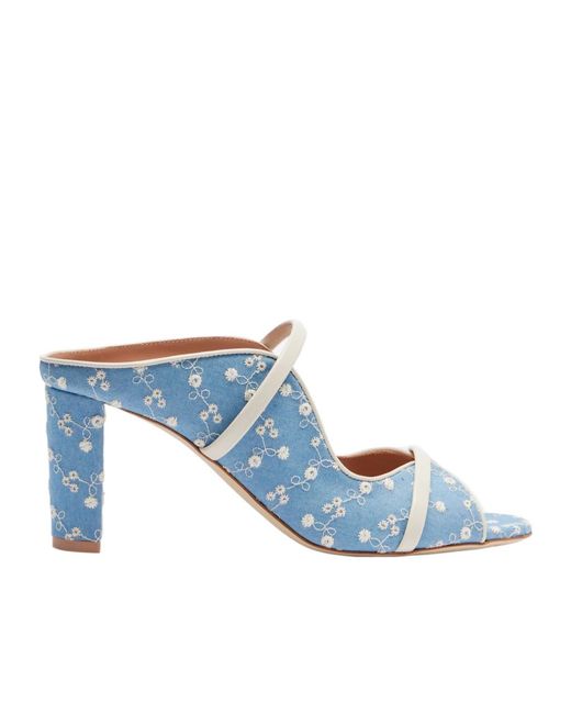 Malone Souliers Blue Norah 70 Leather-Trimmed Denim Mules