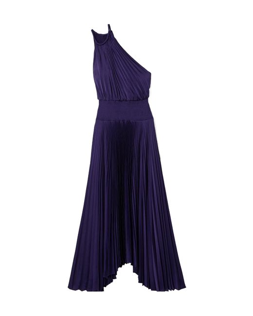 A.L.C. Blue Asymmetric Pleated Satin Midi Dress