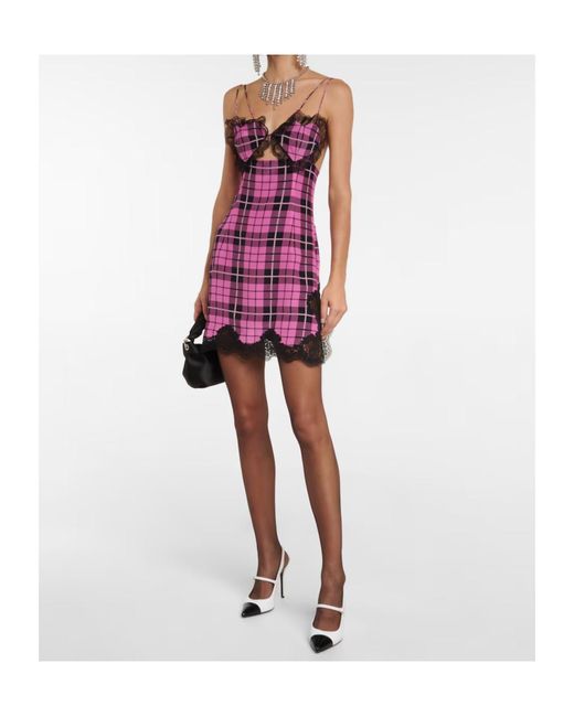 Alessandra Rich Purple Lace-Trimmed Checked Silk Minidress