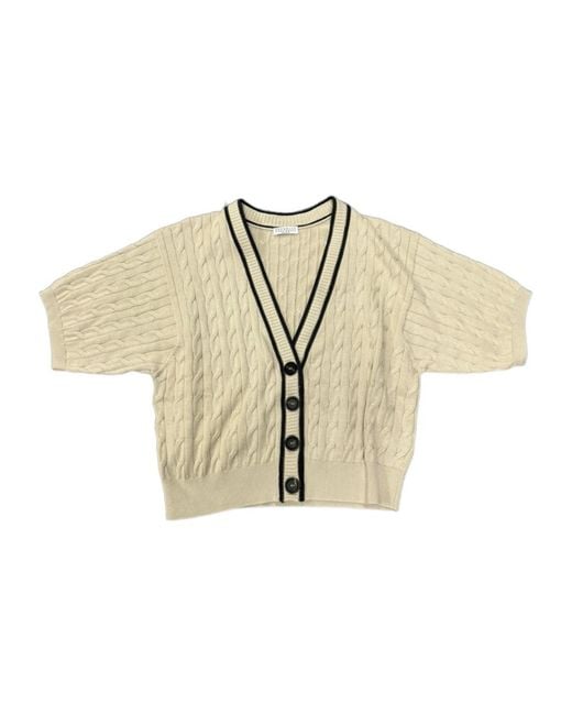 Brunello Cucinelli Natural Short-Sleeved V-Neck Knitted Cardigan