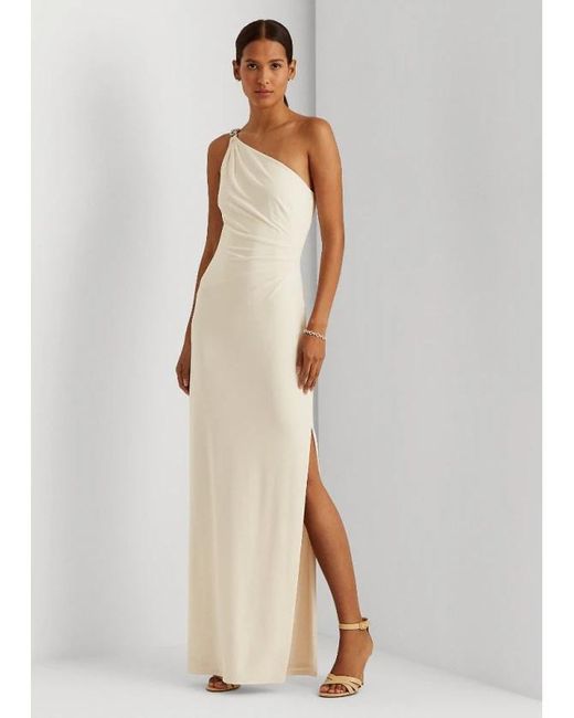 Ralph Lauren White Lauren One-Shoulder Embellished Maxi Dress