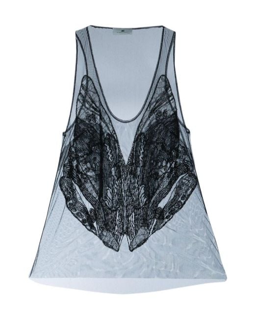 Elisabetta Franchi Blue Sheer Embroidered Tank Top