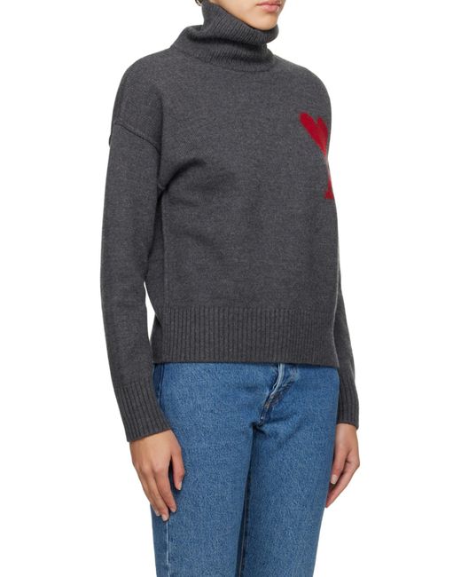 AMI Gray Ami De Coeur Logo Intarsia Knitted Roll-Neck Jumper for men