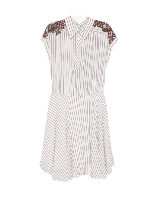 ERMANNO FIRENZE White Lace-Trimmed Striped Mini Shirt Dress