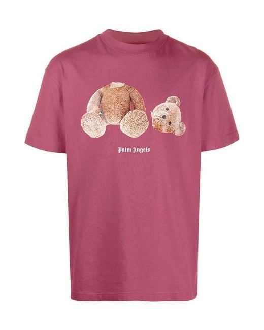 Palm Angels Pink Teddy Bear-Print Logo T-Shirt for men