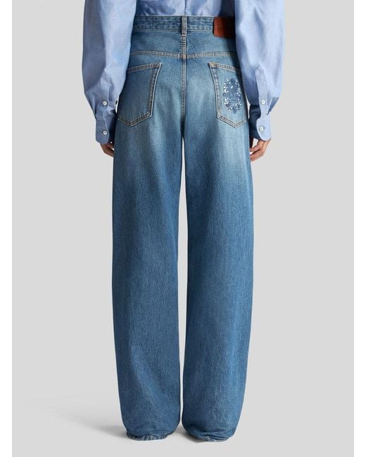 Etro Blue High-Waist Pegaso-Embroidered Wide-Leg Jeans