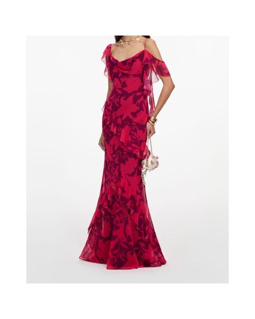 Self-Portrait Red Floral Ruffle Maxi Dress