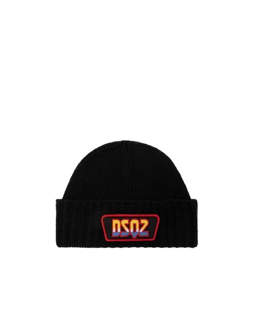 DSquared² Black Logo Patch Beanie for men