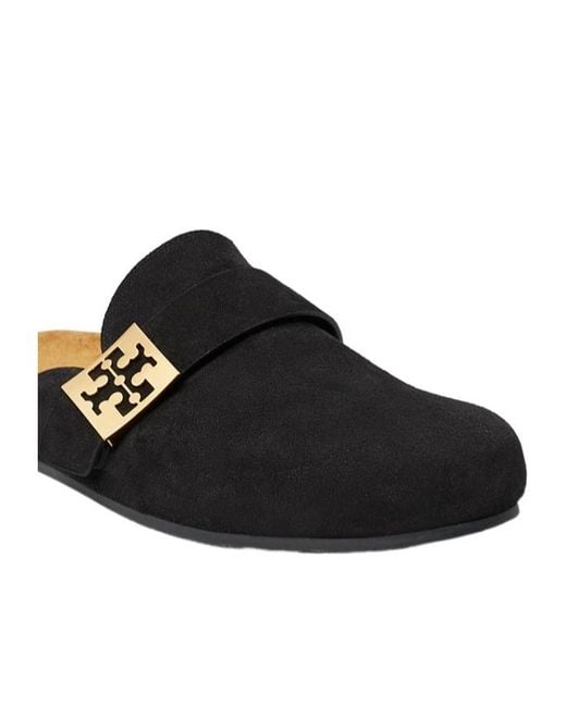 Tory Burch Black Suede Slip-On Mules Logo Hardware