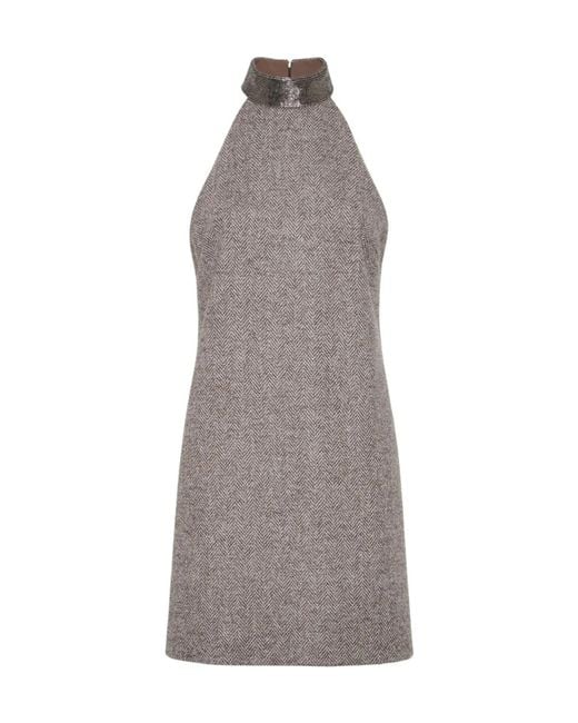 Brunello Cucinelli Gray Herringbone Tweed Dress
