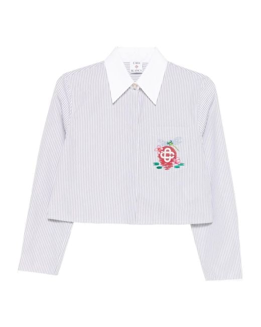 Casablanca White Cropped Long-Sleeved Striped Shirt With Floral Embroidery