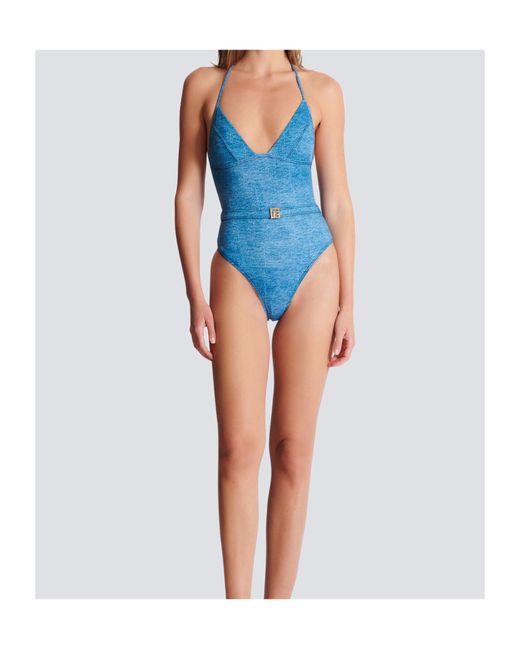 Balmain Blue Belted One-Piece Swimsuit