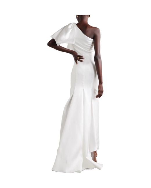 Solace London White Priya One-Shoulder Gathered Satin-Twill Gown