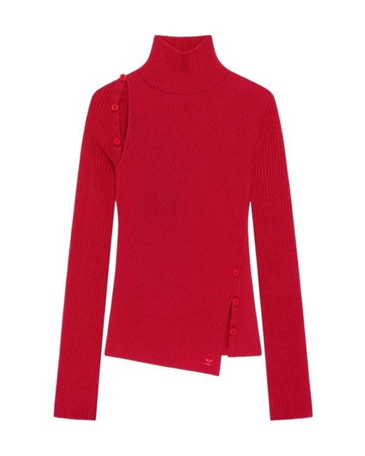 Courreges Red Button-Embellished Ribbed Turtleneck Sweater