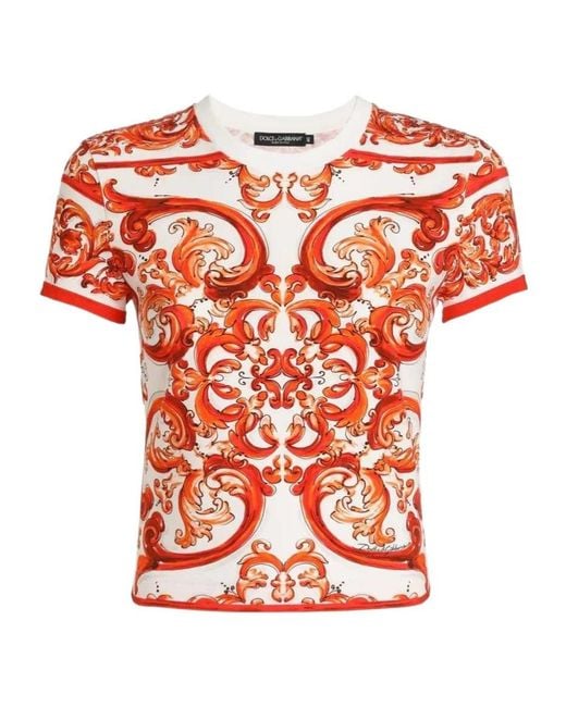 Dolce & Gabbana Orange Stretch-Cotton Majolica Print T-Shirt