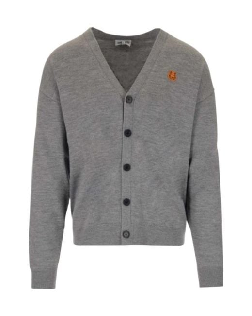 KENZO Gray Logo-Patch Button-Up Cardigan for men