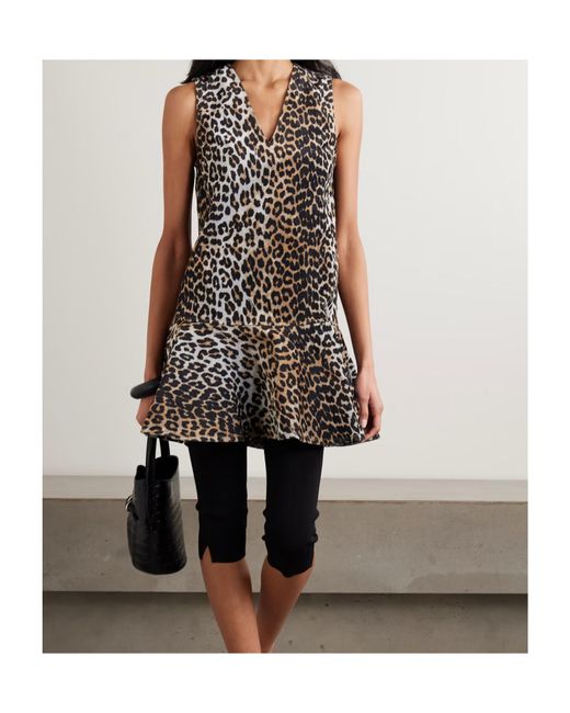 Ganni Black Ruffled Leopard-Print Flocked Recycled-Denim Mini Dress
