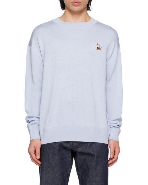 Maison Kitsuné Blue Ribbed-Edges Wool Sweatshirt for men