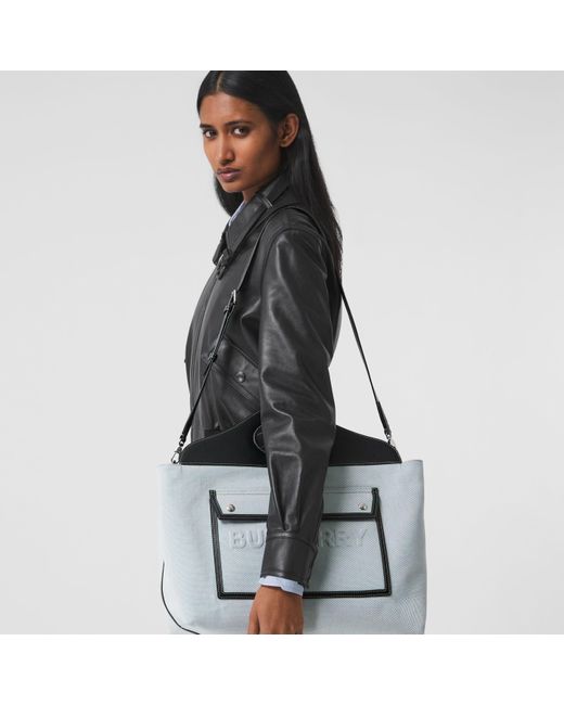 Burberry Gray Medium Cotton Canvas Parquet Leather Soft Pocket Todd Handbag