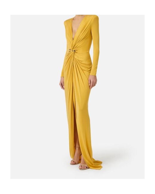 Elisabetta Franchi Yellow Plunging V-Neck Carpet Dress