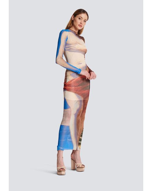 Balmain Purple Trompe-L'Oeil Printed Tulle Maxi Dress