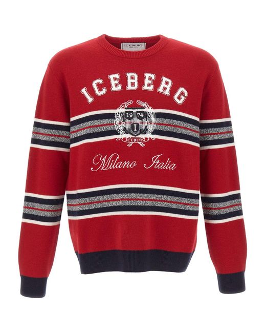 Iceberg Red Logo Striped Knitted Sweater for men