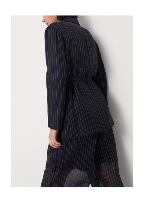Brunello Cucinelli Blue Sparkling Stripe Cotton Gauze Jacket With Belt And Necklace